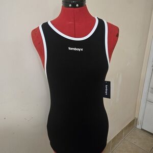 NWT TomboyX Cotton Racerback Ringer Tank (Black/White Trim) (M)